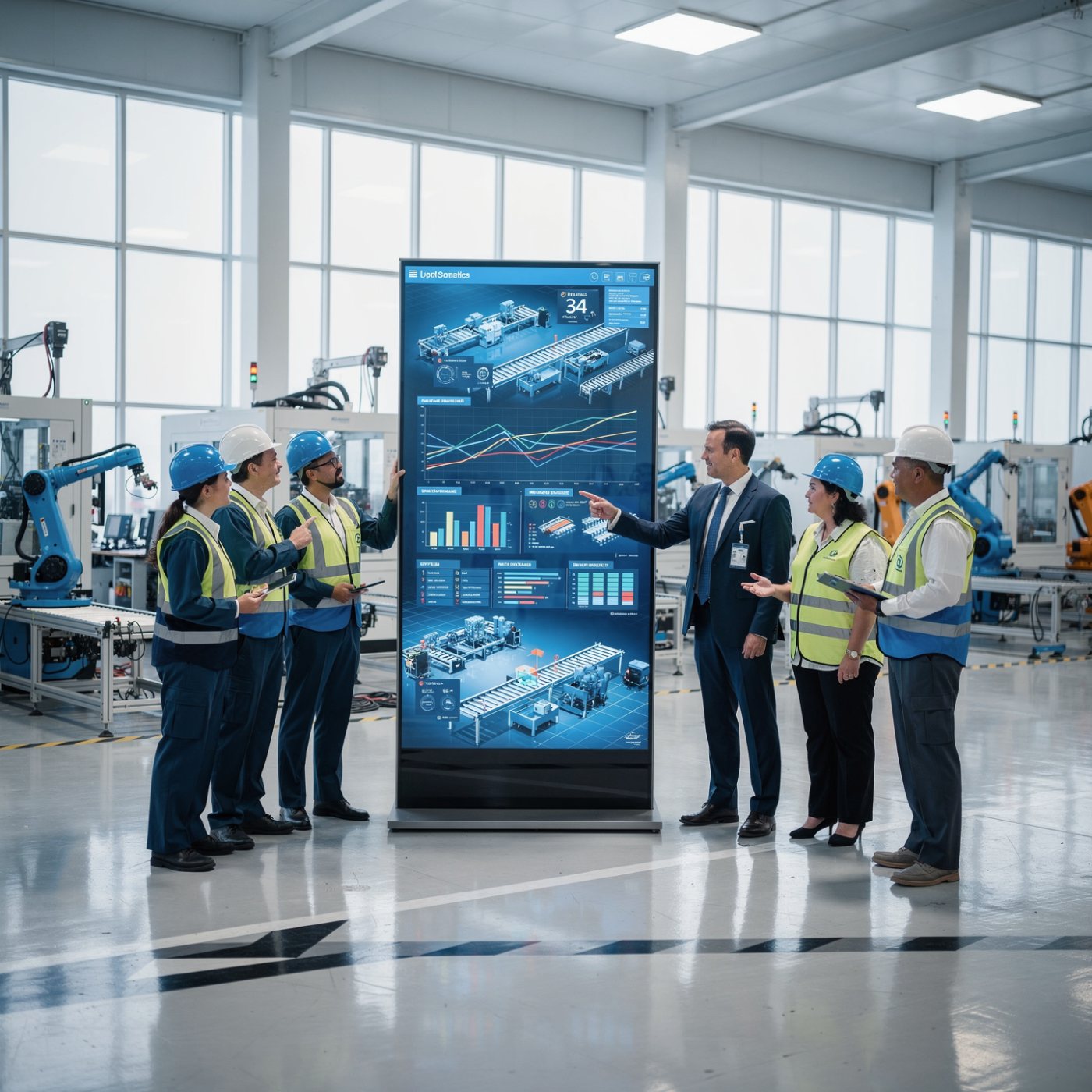 A production team reviewing quality together on the factory floor